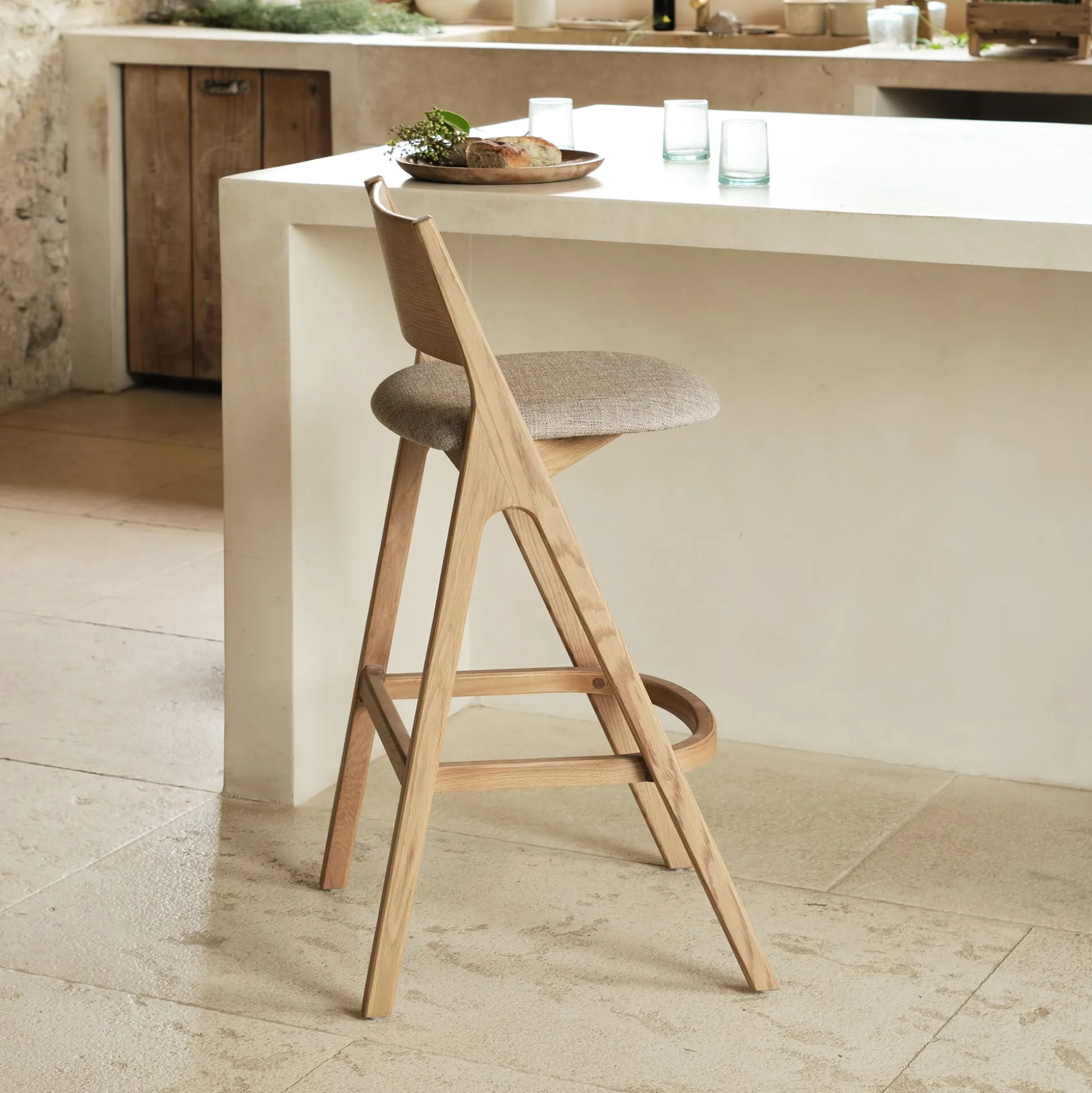 Chaise de bar en chêne et tissu H99cm - gris