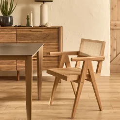Chaise de repas avec accoudoirs en acajou et cannage - bois clair