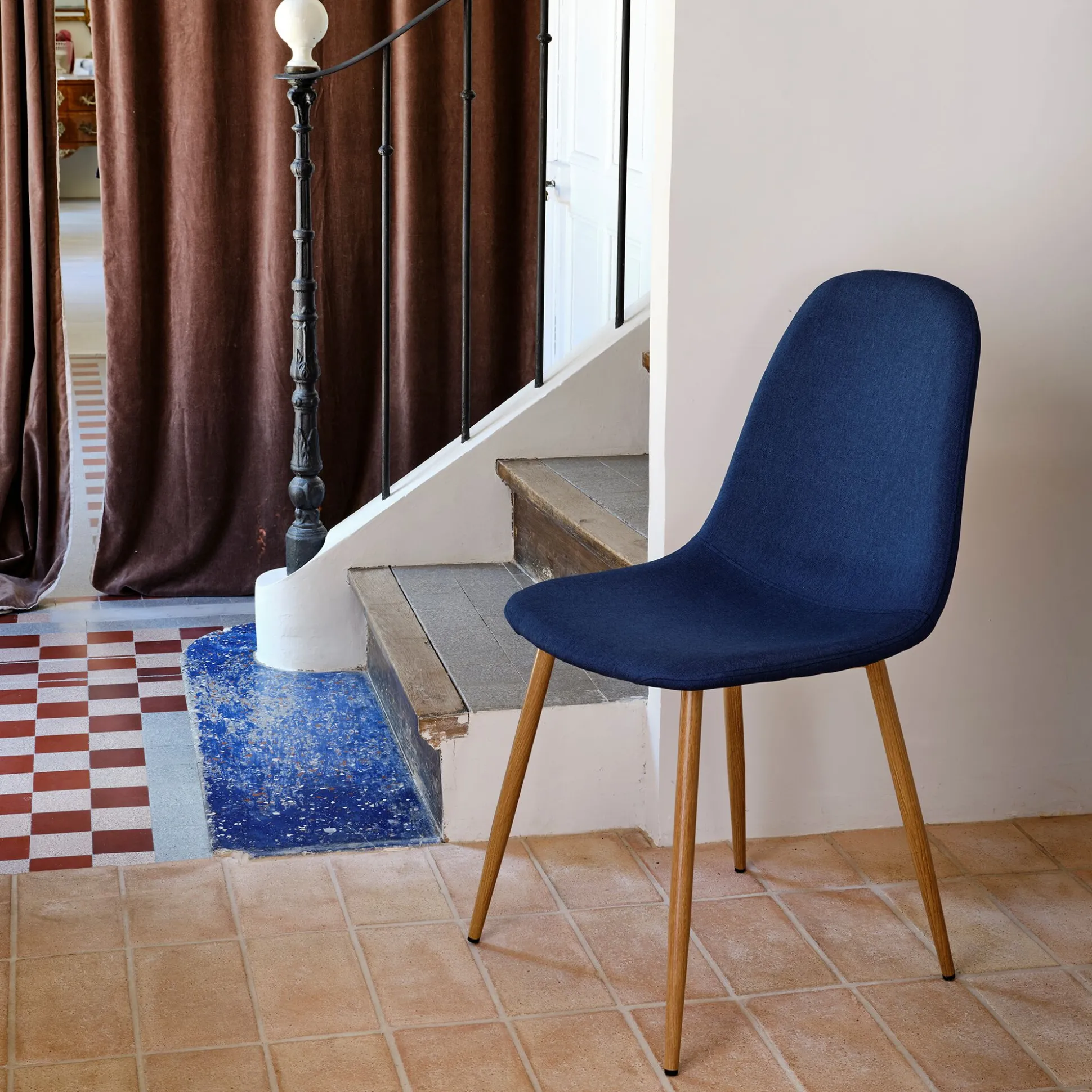 Chaise en acier effet bois et tissu - bleu figuerolles