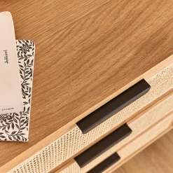 Commode 6 tiroirs en bois et cannage - bois clair