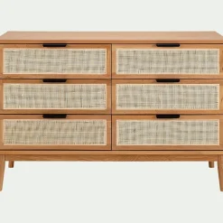 Commode 6 tiroirs en bois et cannage - bois clair