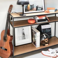 Console 3 plateaux en métal et effet chêne L120xP35xH79cm - bois foncé