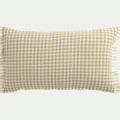 Coussin à carreaux en coton finition volant 30x50cm - beige