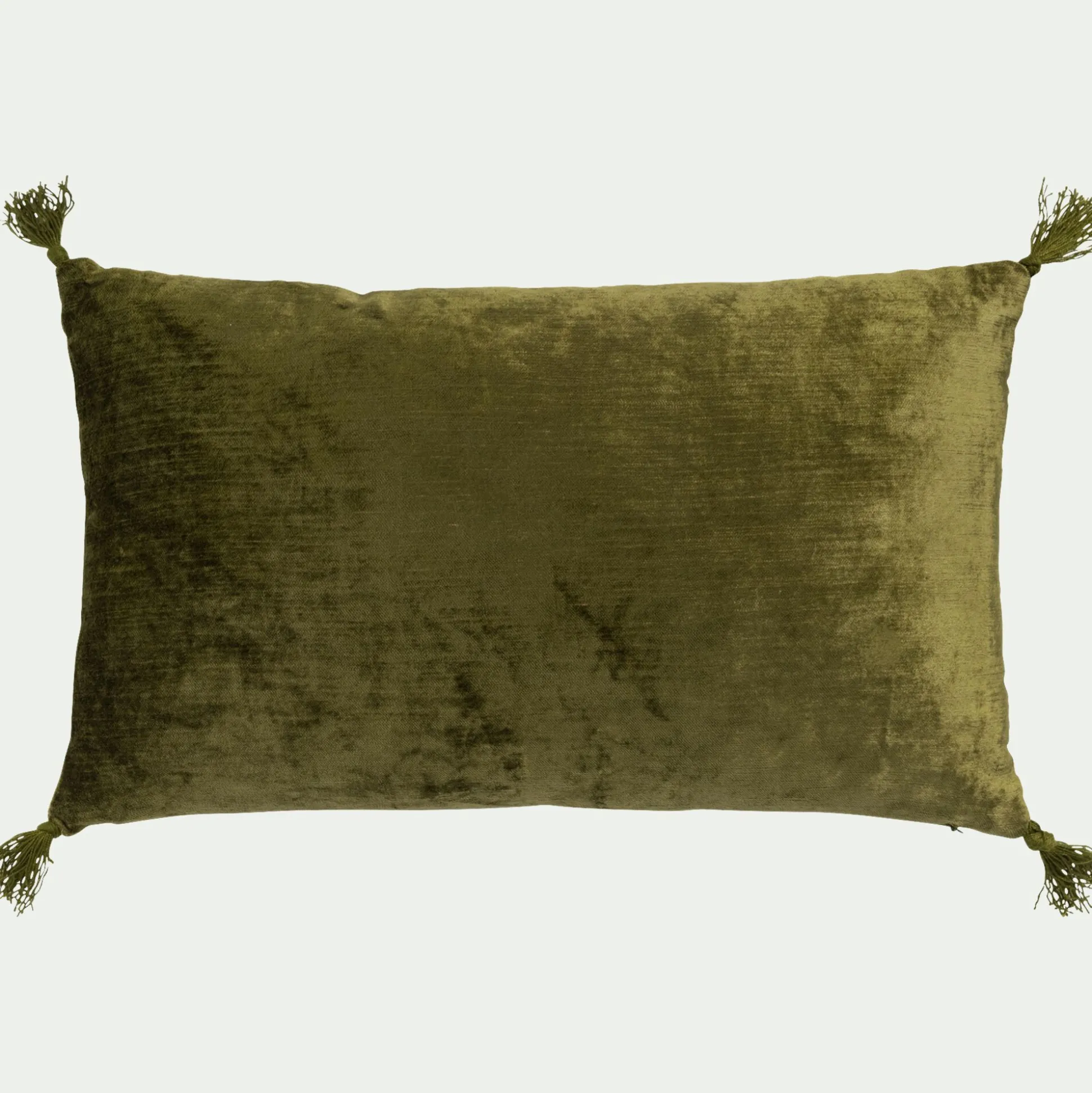 Coussin à pompons en velours 30x50cm - vert garrigue