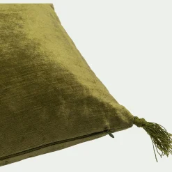 Coussin à pompons en velours 30x50cm - vert garrigue