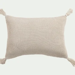 Coussin à pompons tricoté en coton 35x50cm - beige roucas