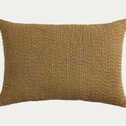 Coussin avec surpiqûres Kantha en lin et coton 40x60cm - vert mousse