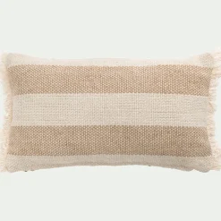 Coussin en coton et jute à rayures finition franges 30x50cm - blanc