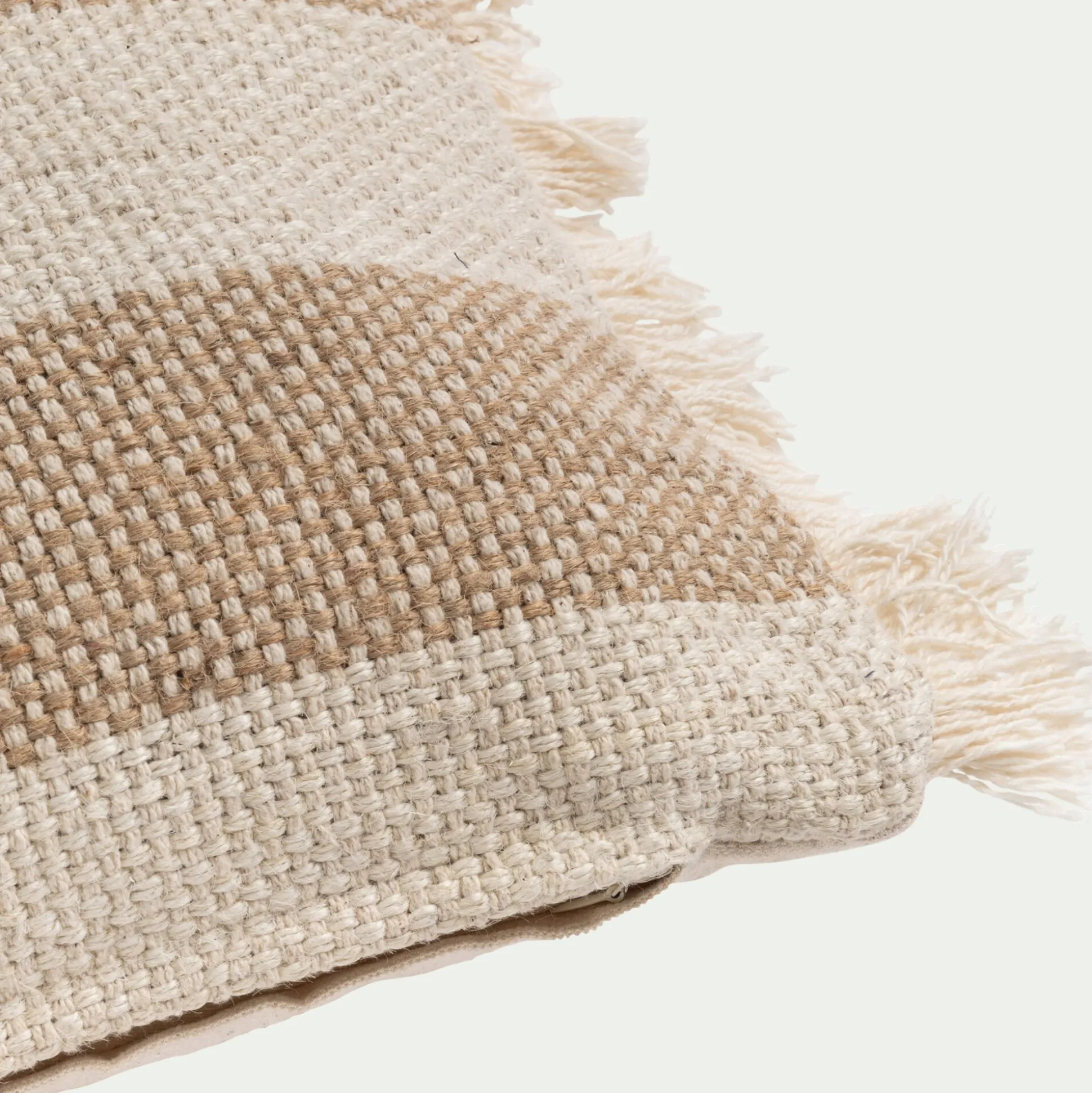 Coussin en coton et jute à rayures finition franges 30x50cm - blanc