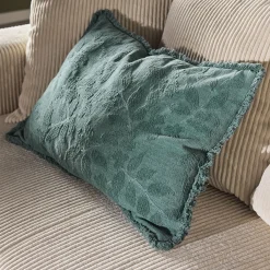 Coussin en coton motif feuille en tissage jacquard finition franges 40x60cm - vert eucalyptus