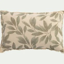 Coussin en coton motif végétal finition franges 40x60cm - vert
