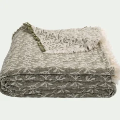 Couvre lit en coton motif feuilles finition franges 230x250cm - vert