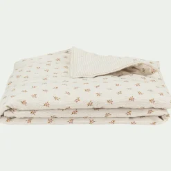 Couvre-lit en lin et coton 220x240cm motif rayé et floral - blanc