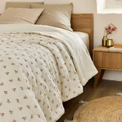 Couvre-lit en lin et coton 220x240cm motif rayé et floral - blanc