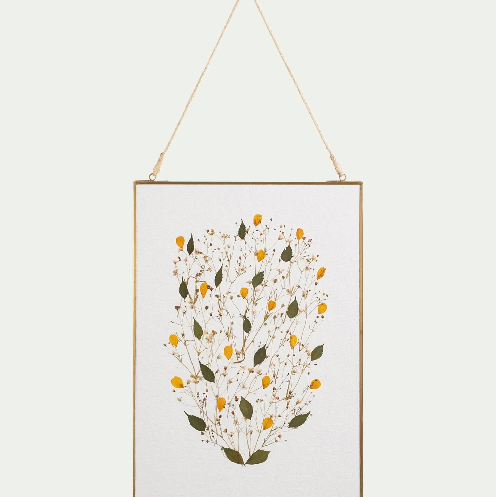 Décoration murale rectangulaire avec fleurs séchés en verre - doré