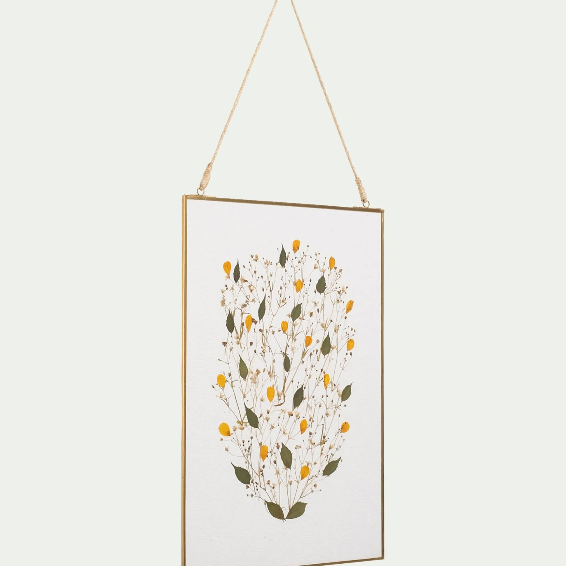 Décoration murale rectangulaire avec fleurs séchés en verre - doré