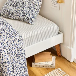 Drap housse rayé en coton 90x200cm B30cm - bleu abysse