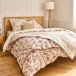 Édredon à motif fleuri en lin et coton 100x180cm piquage pompons double faces - beige