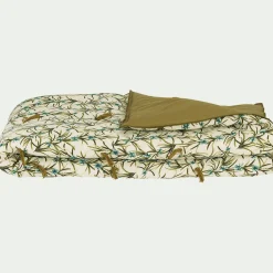 Édredon à motif romarin en lin et coton 100x180cm piquage pompons double faces - vert