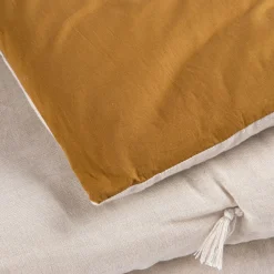 Édredon en lin et coton 100x180cm piquage pompons double faces - jaune alep