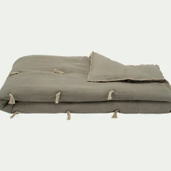 Édredon en lin et coton 100x180cm piquage pompons - vert olivier