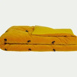 Édredon en velours de coton 100x180cm piquage pompons - jaune