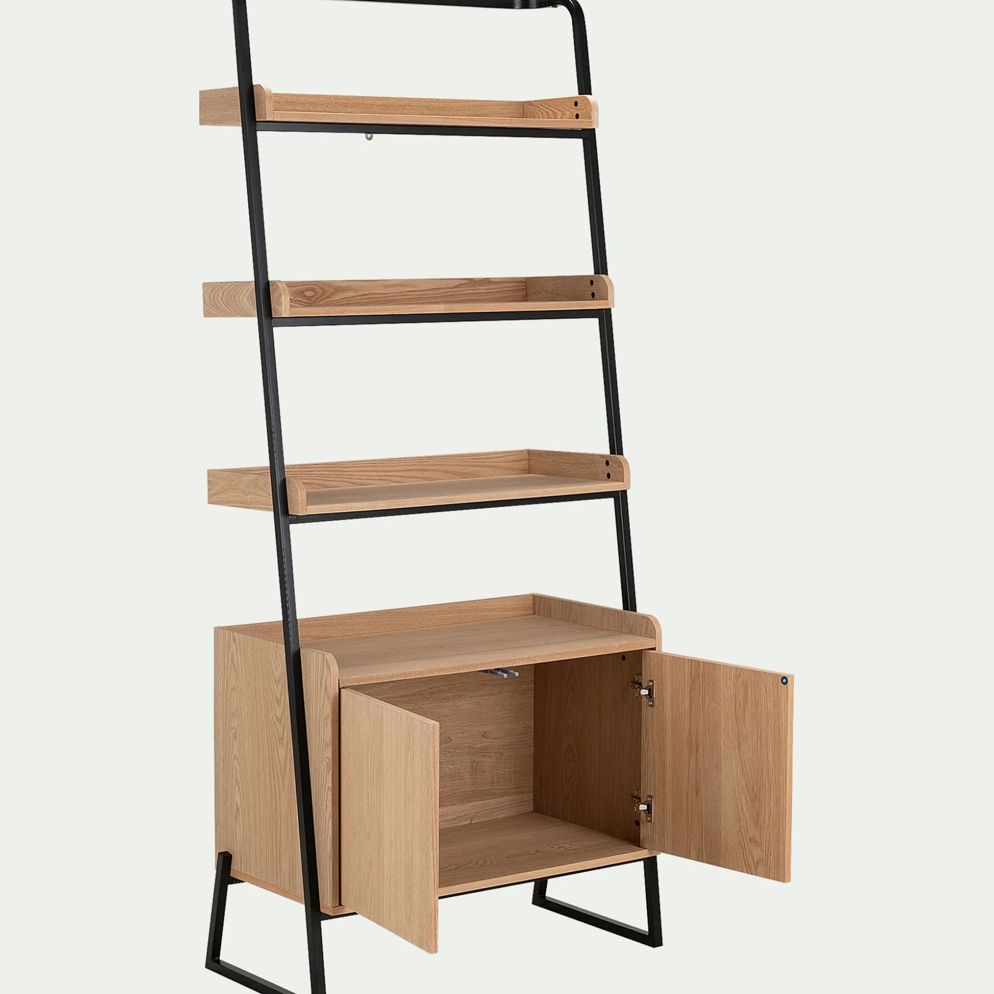 Etagère 3 tablettes et caisson plaquée frêne et métal noir - L80cm