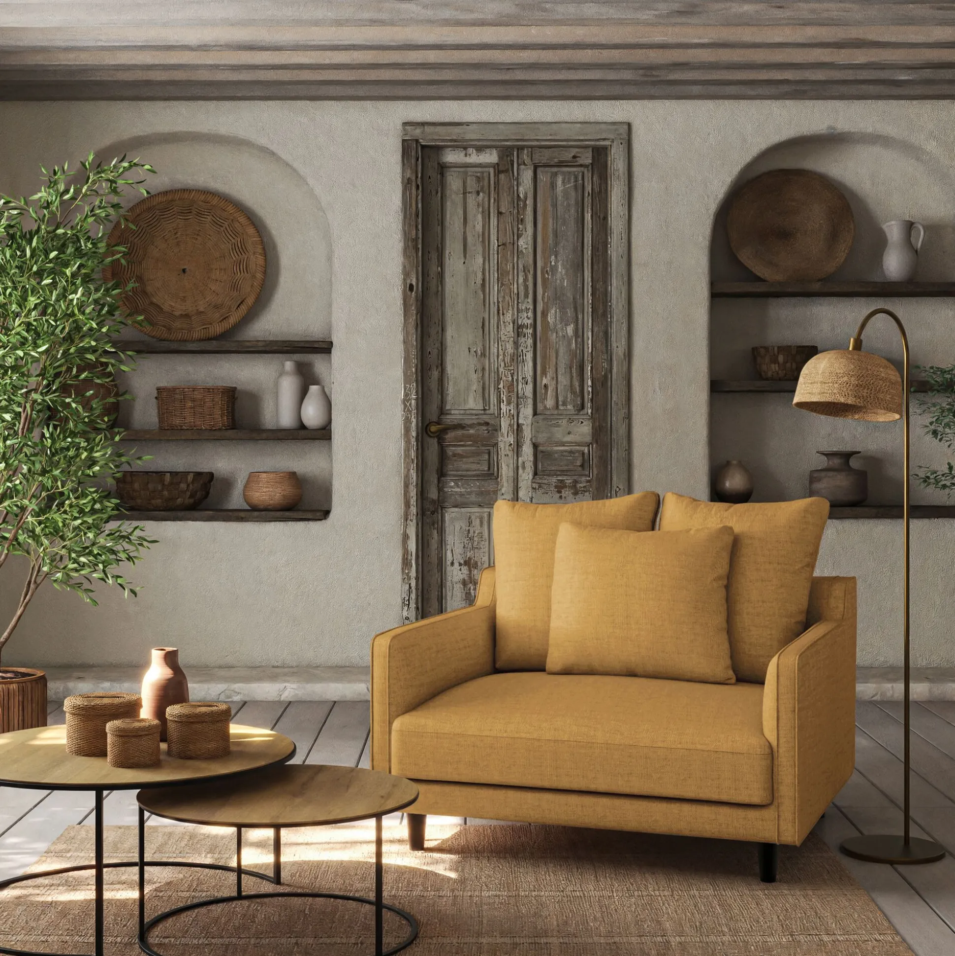 Grand fauteuil fixe en tissu monclar - jaune argan