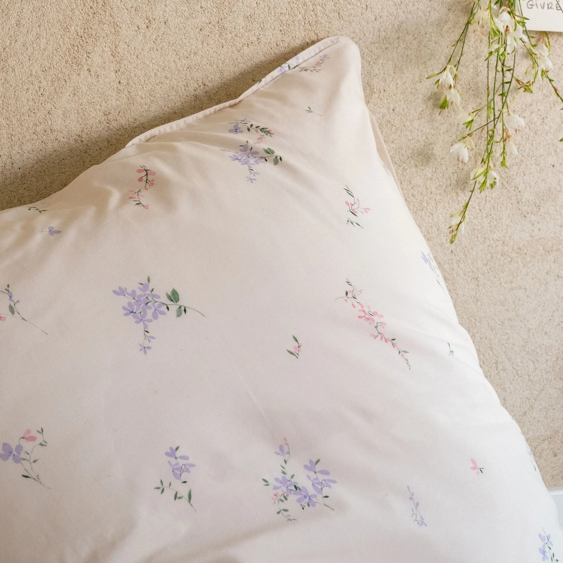 Housse de couette enfant 140x200cm et 1 taie d'oreiller 63x63cm motif floral en coton - beige ficelle