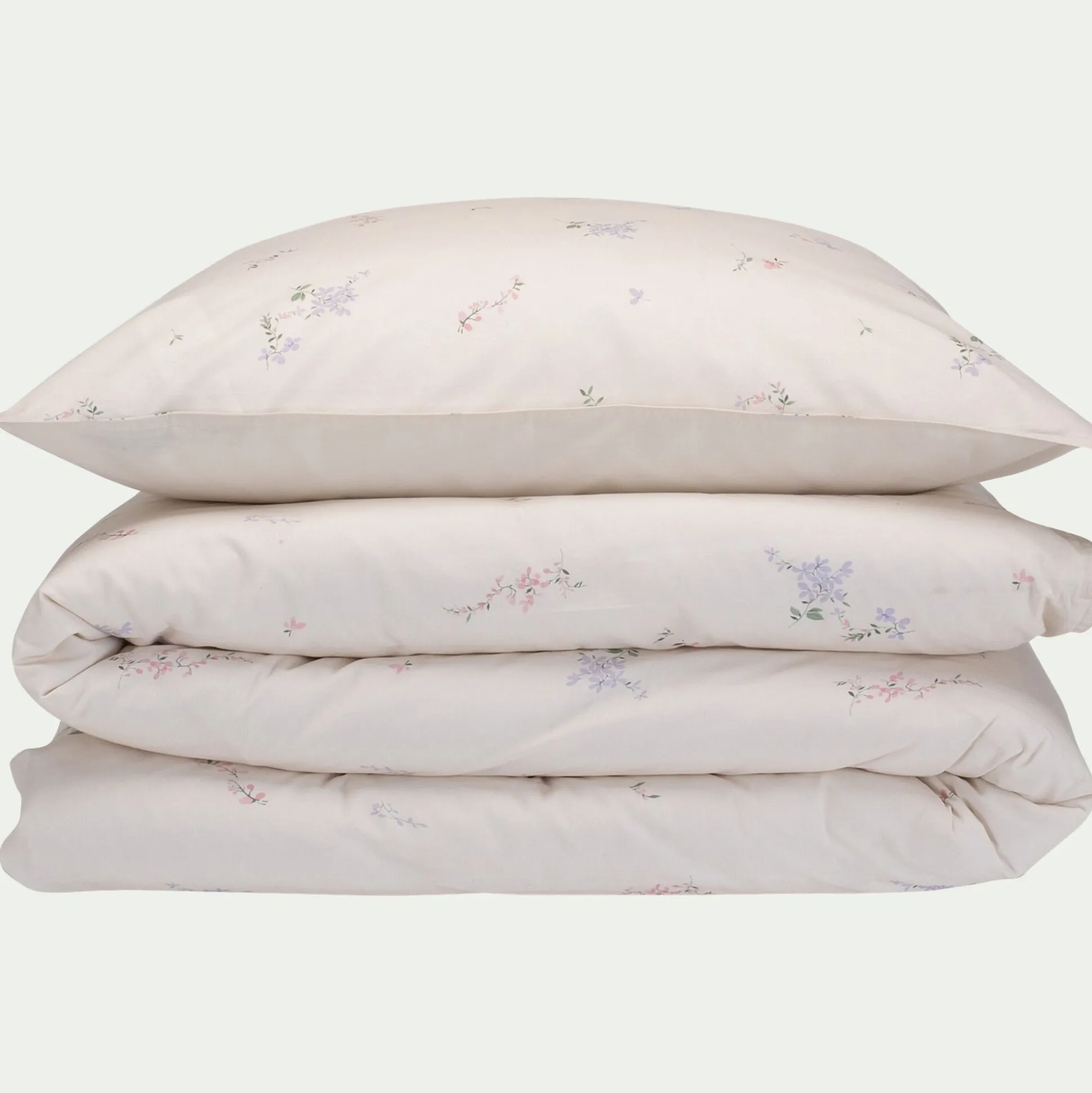 Housse de couette enfant 140x200cm et 1 taie d'oreiller 63x63cm motif floral en coton - beige ficelle