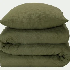Housse de couette 260x240cm et 2 taies d'oreiller 63x63cm en double gaze de coton - vert sauge