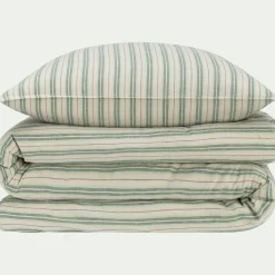 Housse de couette 240x220cm et 2 taies d'oreiller 63x63cm motif rayé en coton tissé teint lavé - bleu