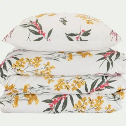 Housse de couette 240x220cm et 2 taies d'oreiller 63x63cm en percale de coton lavé motif floral - jaune