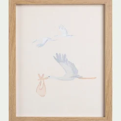 Illustration encadrée motif cigognes 22x27cm - bois clair