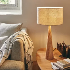 Lampe à poser en métal effet bois foncé et jute - beige D50cm
