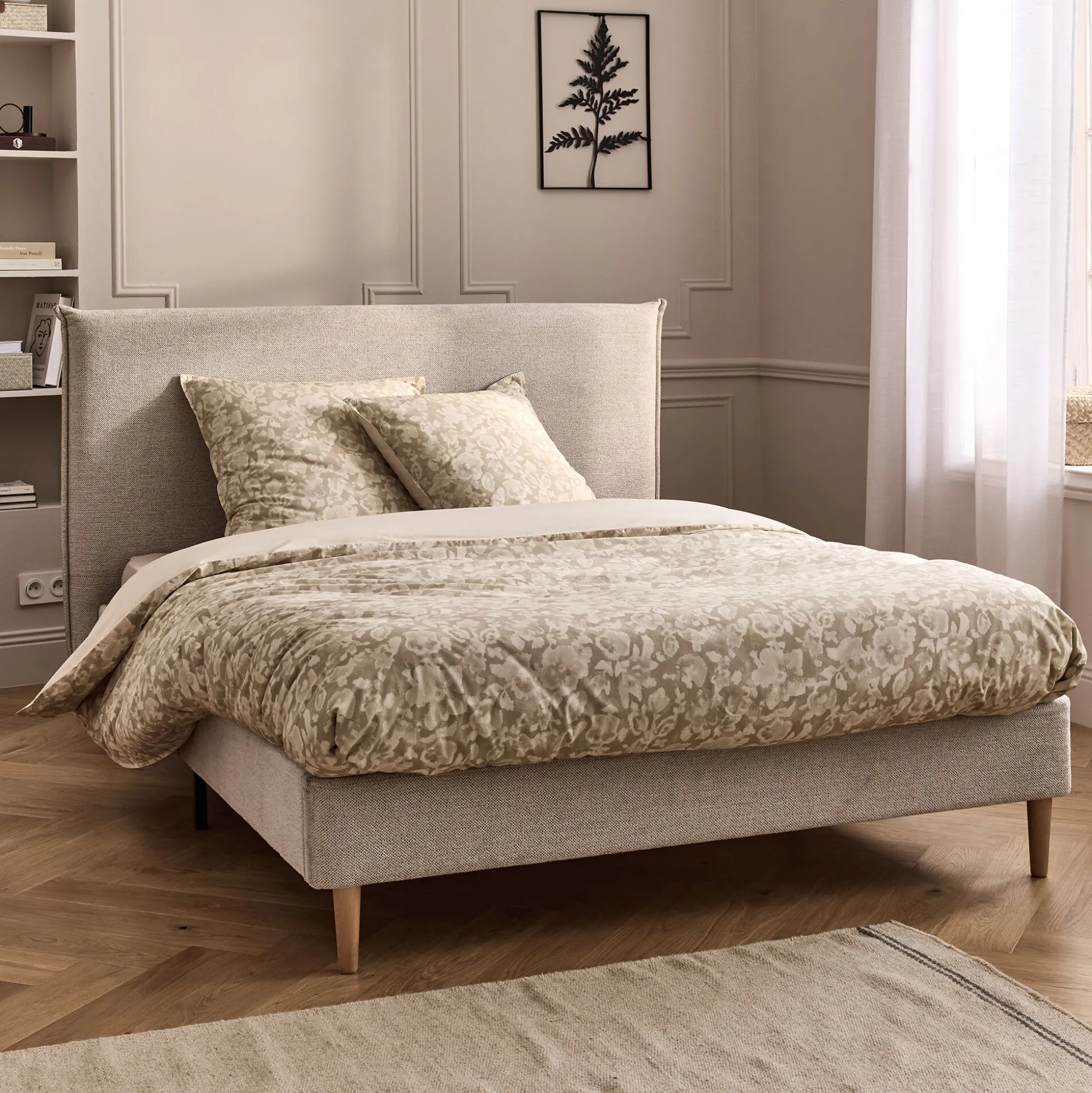 Lit 2 places avec tête de lit en tissu 160x200cm - gris