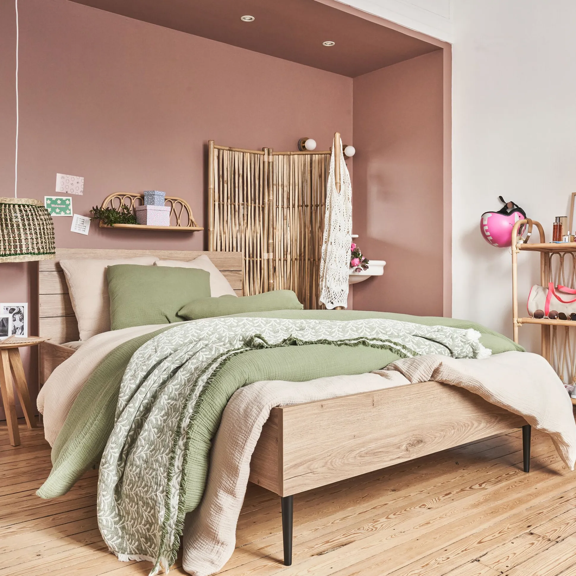 Lit 2 places avec tête de lit en bois 160x200cm - bois clair