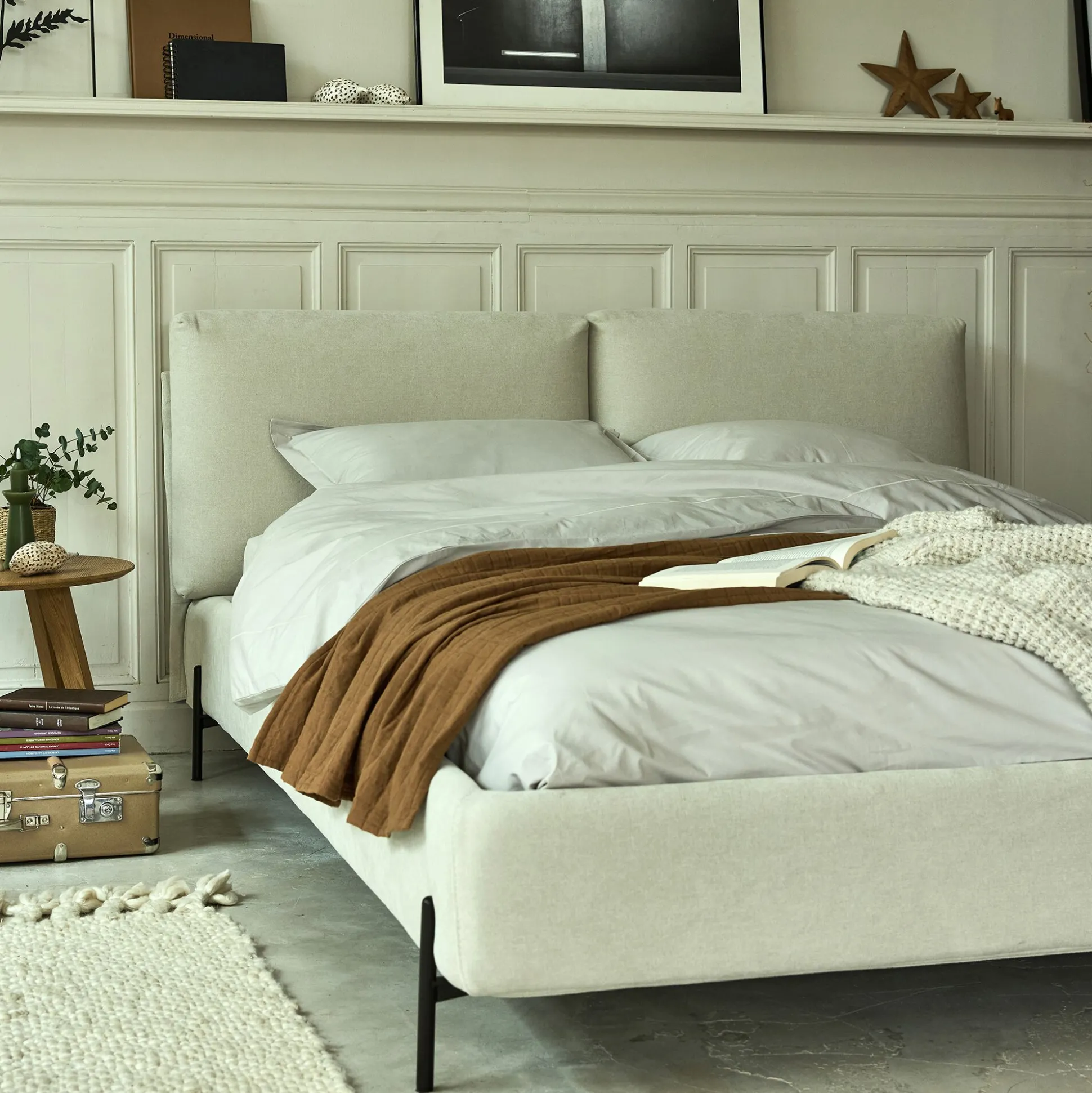 Lit 2 places avec tête de lit en tissu doux 160x200cm - blanc écru