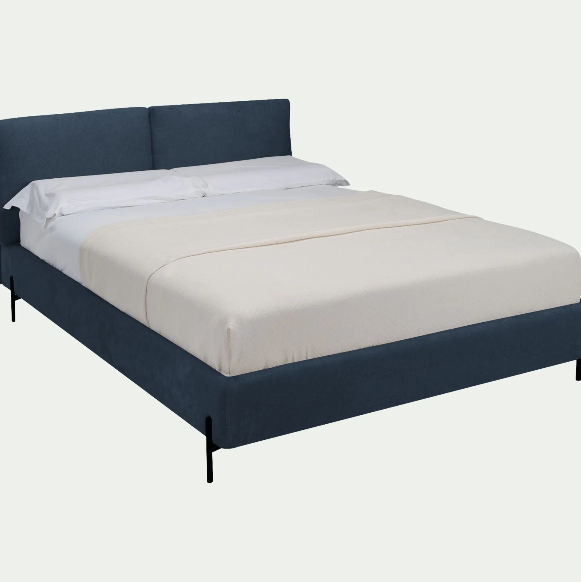 Lit 2 places avec tête de lit en velours 160x200cm - bleu céou