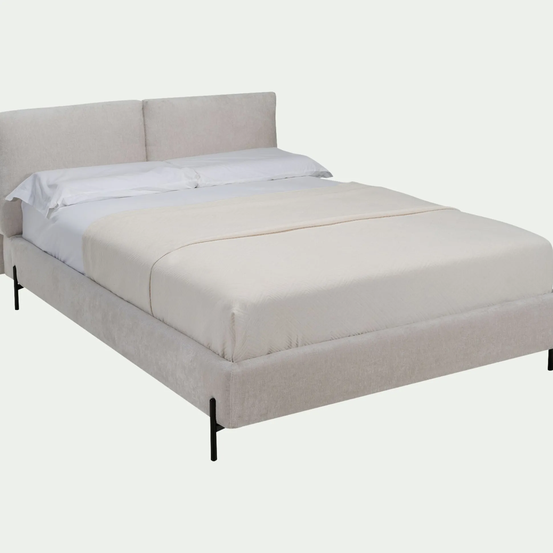 Lit 2 places avec tête de lit en velours 140x200cm - blanc écru