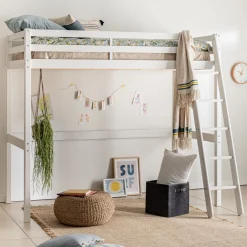 Lit enfant haut 1 place en pin 90x200cm - blanc