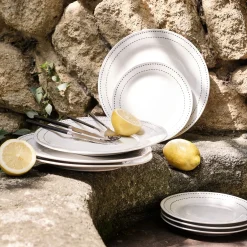 Lot de 4 assiettes à dessert en porcelaine avec liseré noir D19,5cm - blanc