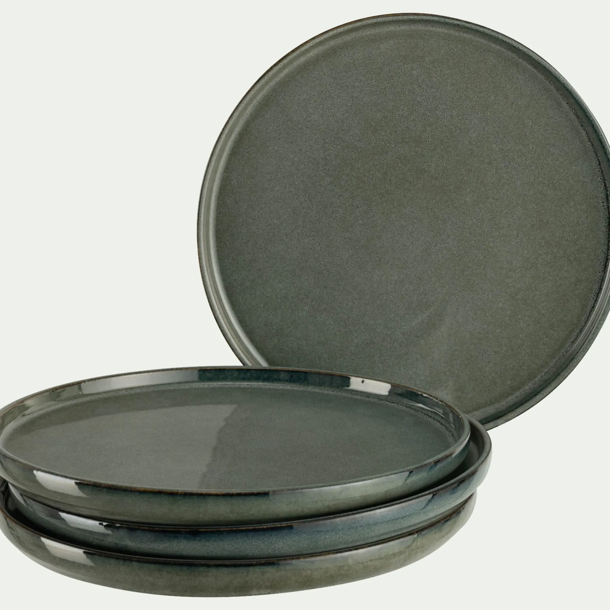 Lot de 4 assiettes plates en grès émail réactif D27cm - vert olivier
