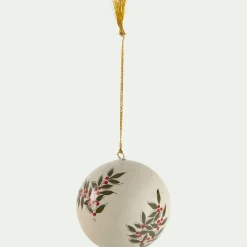 Lot de 6 boules de Noël en papier mâché motif houx peint main D7cm - blanc