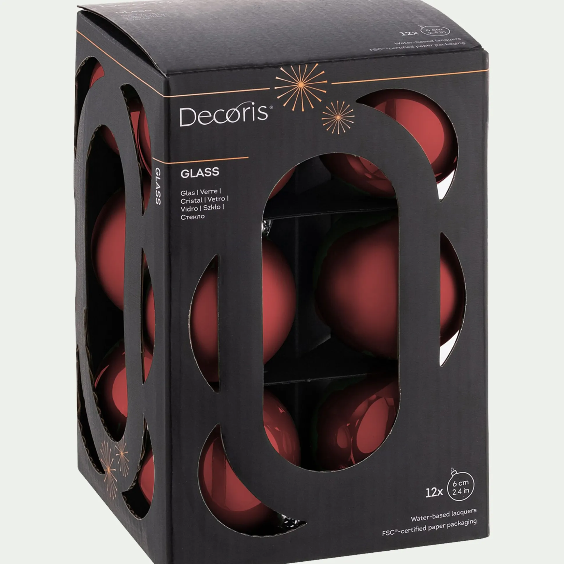 Lot de 12 boules de Noël rondes en verre D6cm - rouge
