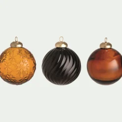 Lot de 3 boules de Noël texturées en verre recyclé D8cm - orange