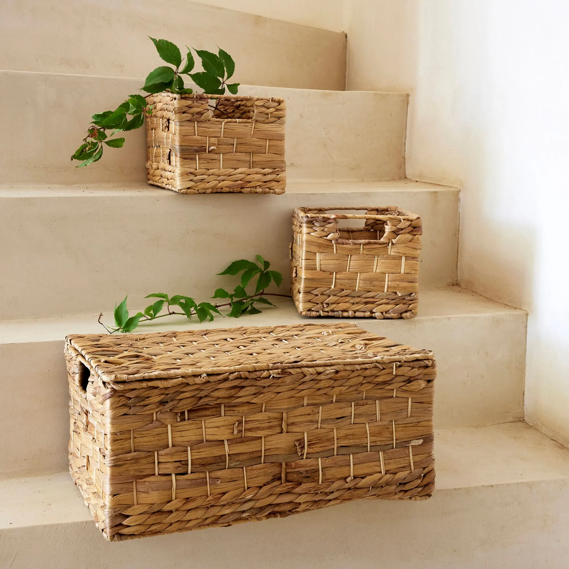 Lot de 3 caisses de rangement en jacinthe d'eau - naturel