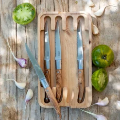 Lot de 4 couteaux à steak en inox et bois d'olivier - naturel