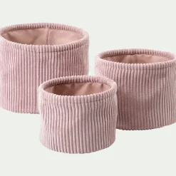 Lot de 3 paniers ronds en velours côtelé - rose