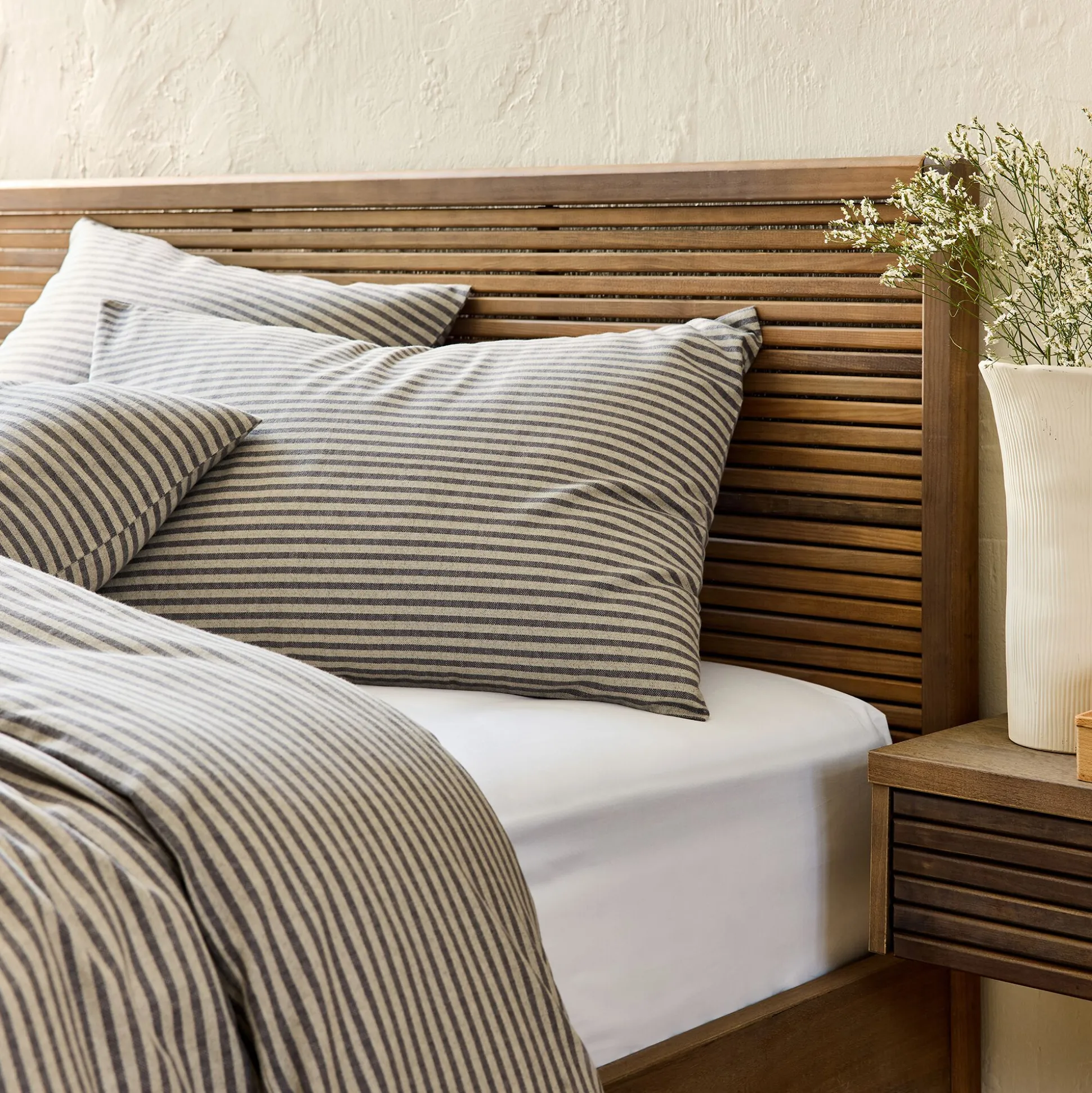 Lot de 2 taies d'oreiller à rayures en flanelle de coton 50x70cm - gris